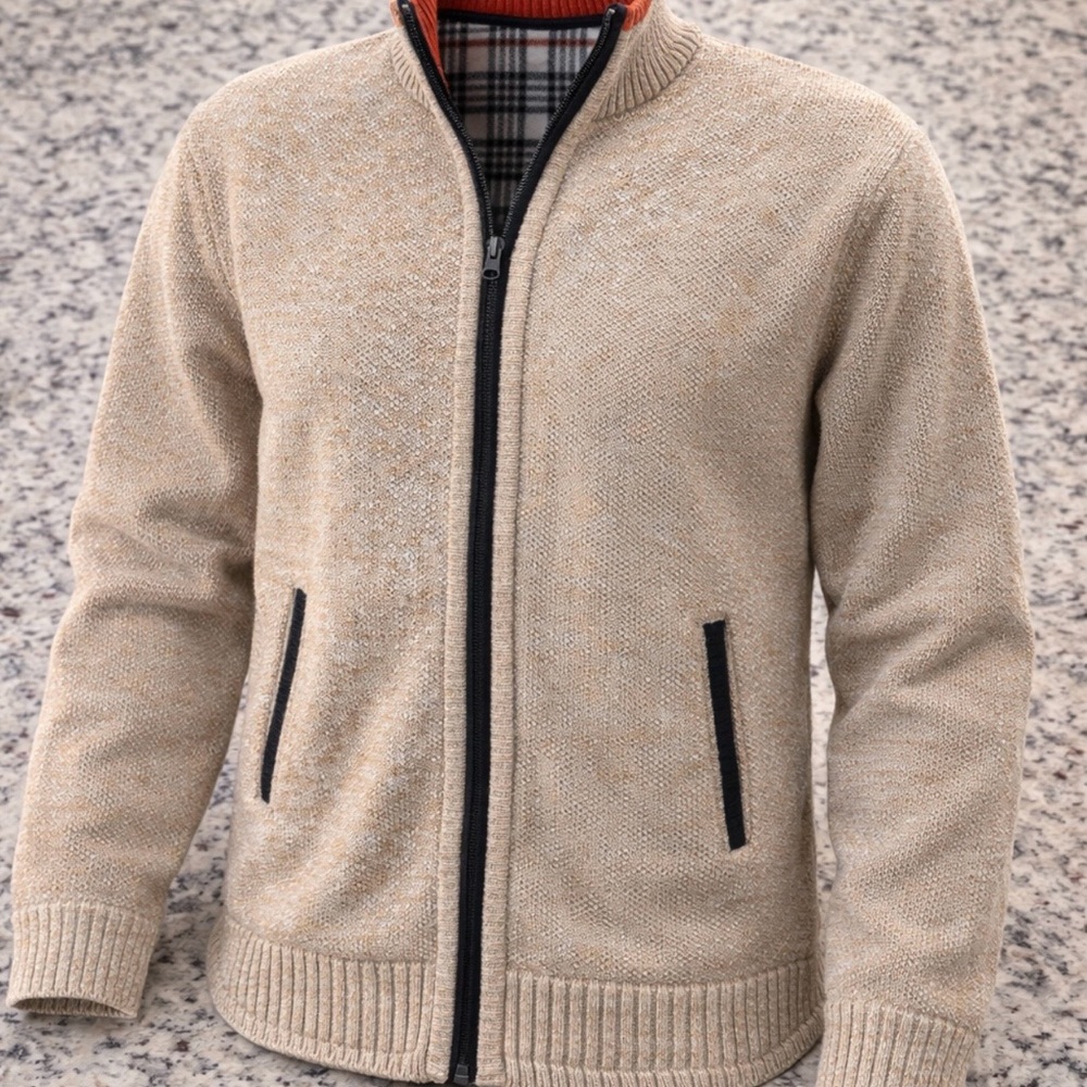 Men's Beige Zip-Up Sweater with Black Trim